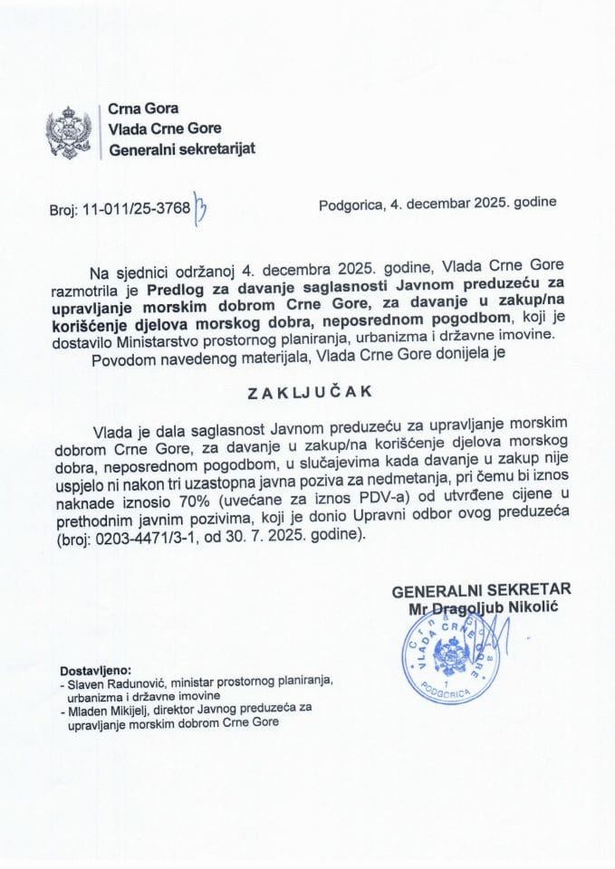 Predlog za davanje saglasnosti Javnom preduzeću za upravljanje morskim dobrom Crne Gore, za davanje u zakup/na korišćenje djelova morskog dobra, neposrednom pogodbom - Zaključci