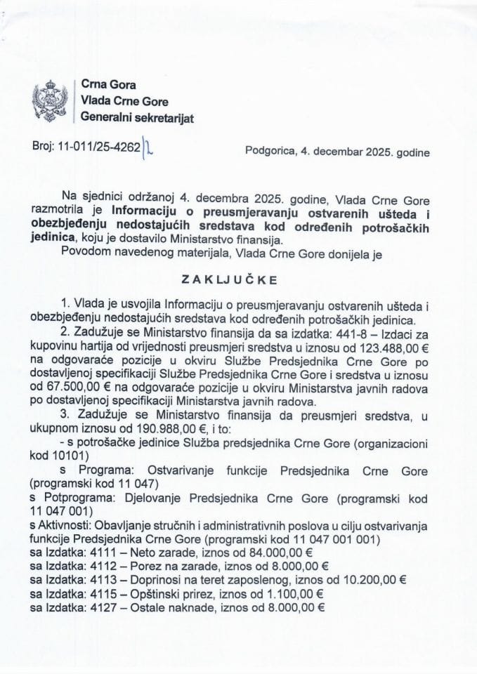 Informacija o preusmjeravanju ostvarenih ušteda i obezbjeđenju nedostajućih sredstava kod određenih potrošačkih jedinica - Zaključci