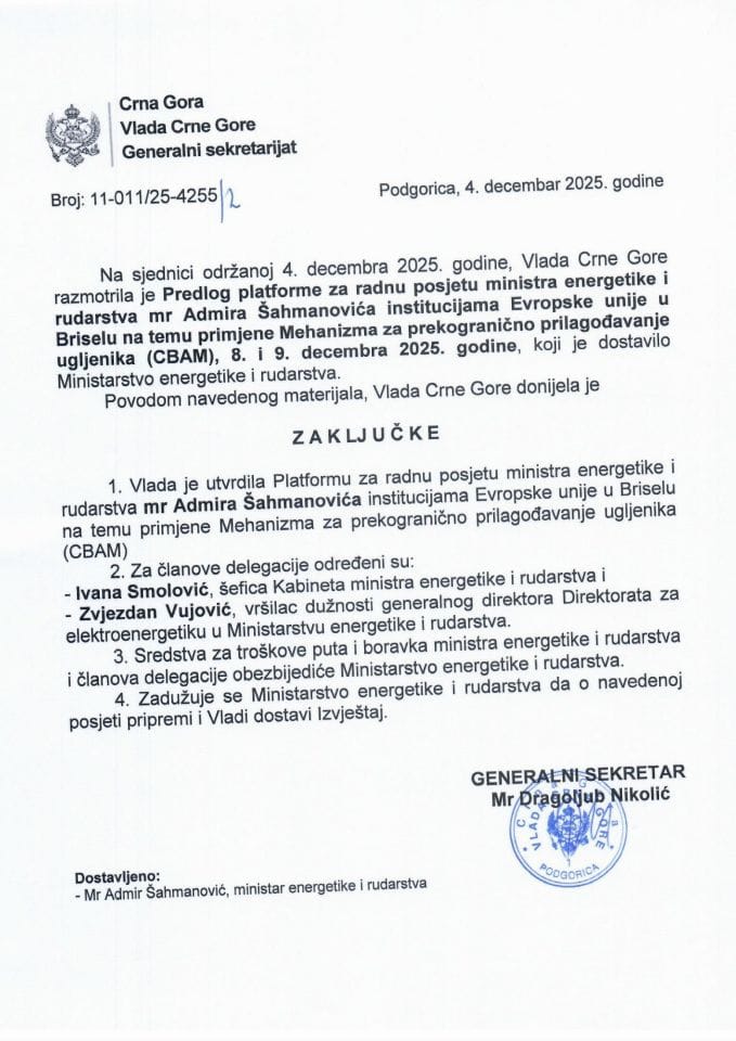 Predlog platforme za radnu posjetu ministra energetike i rudarstva mr Admira Šahmanovića institucijama Evropske unije u Briselu na temu primjene Mehanizma za prekogranično prilagođavanje ugljenika (CBAM), 8. i 9. decembra 2025. godine - Zaključci