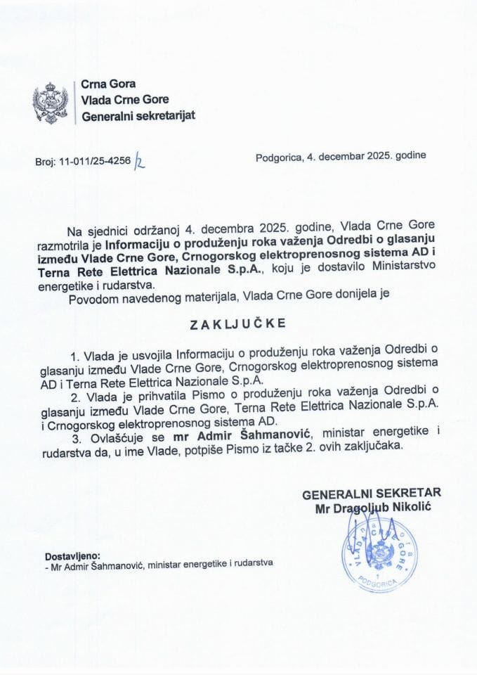 Informacija o produženju roka važenja Odredbi o glasanju između Vlade Crne Gore, Crnogorskog elektroprenosnog sistema AD i Terna Rete Elettrica Nazionale S.p.A. - Zaključci