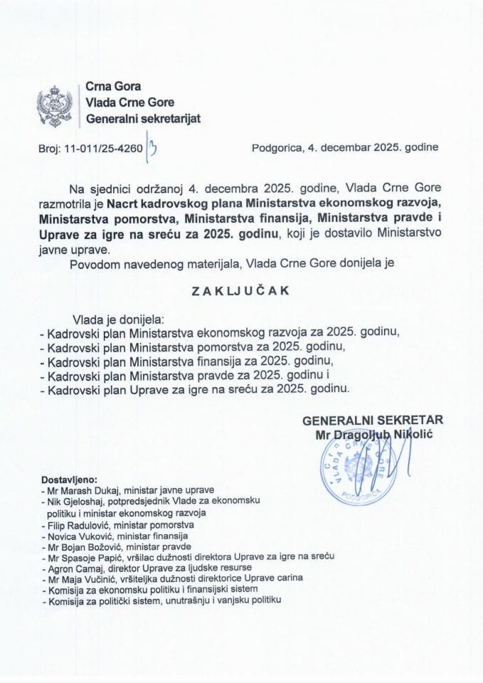 Nacrt Kadrovskog plana Ministarstva ekonomskog razvoja, Ministarstva pomorstva, Ministarstva finansija, Ministarstva pravde i Uprave za igre na sreću za 2025. godinu - Zaključci