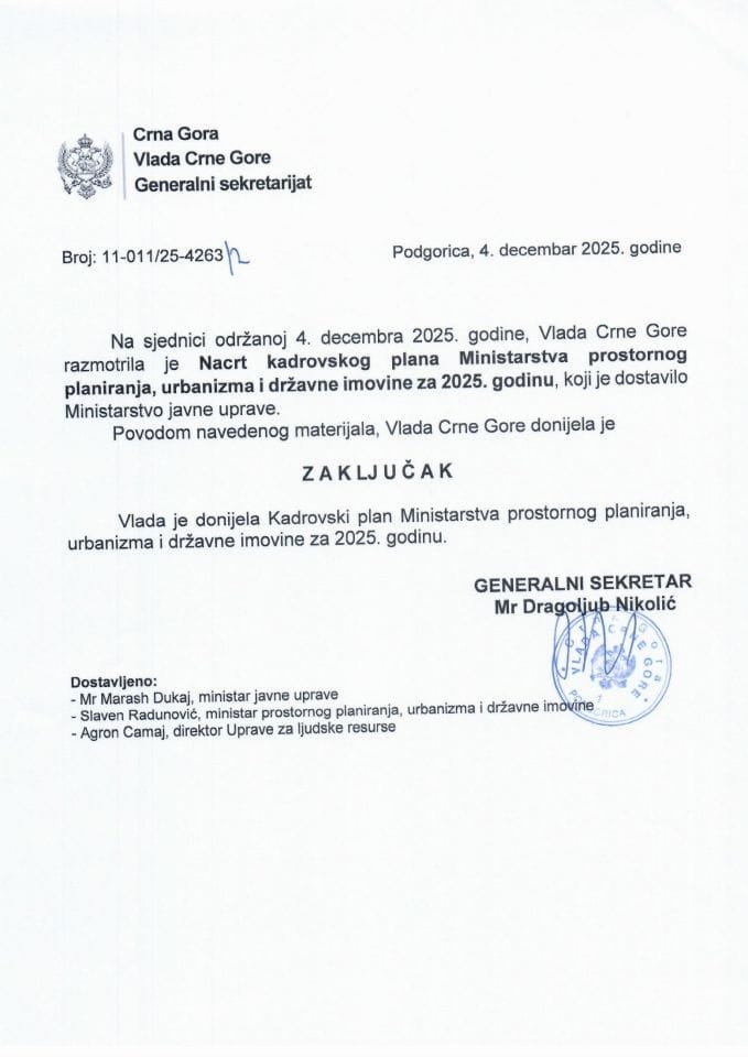 Nacrt kadrovskog plana Ministarstva prostornog planiranja, urbanizma i državne imovine za 2025. godinu - Zaključci