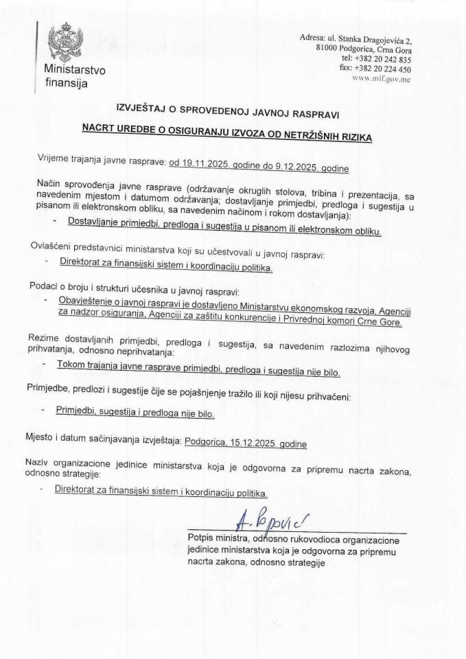 Izvještaj o sprovedenoj javnoj raspravi za Nacrt uredbe o osiguranju izvoza od netržišnih rizika