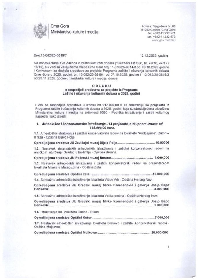 ОДЛУКА о расподјели средстава за пројекте из Програма заштите и очувања културних добара за 2025_