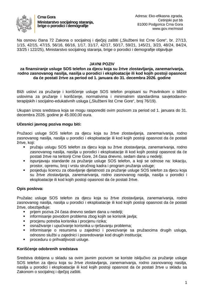 2 javni poziv SOS telefon djeca