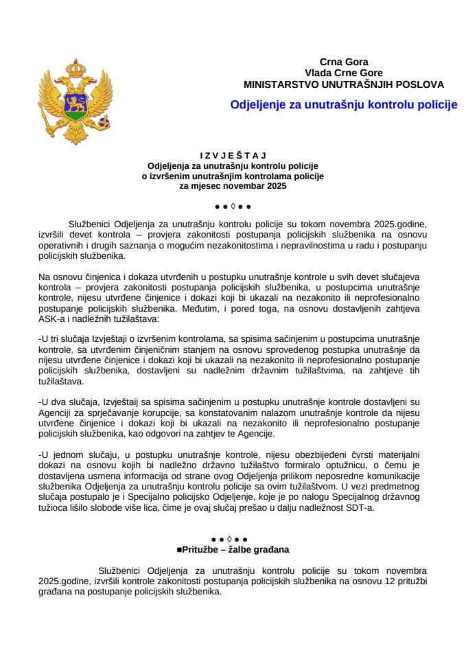 Izvještaj o postupanju po pritužbama i kontrolama za novembar 2025. godine