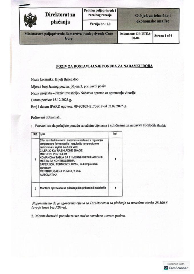 2. Poziv za dostavljanje ponuda za nabav