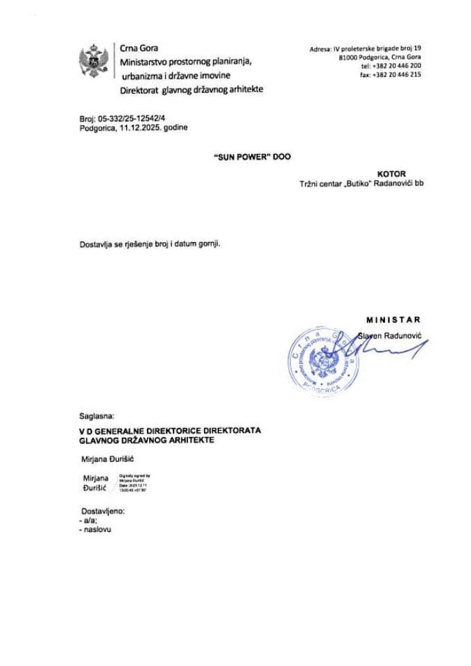 Rješenja glavnog državnog arhitekte - 11.12.2025 Rješenje -SUN POWER DOO, Kotor -Opština Kotor