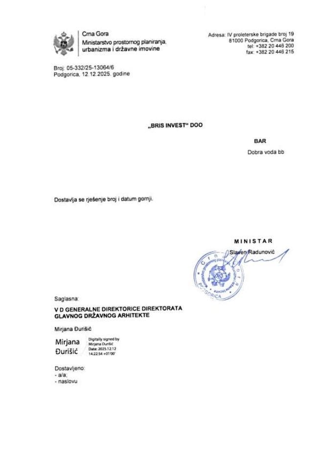 Rješenja glavnog državnog arhitekte - 12.12.2025 Rješenje -BRIS INVEST DOO, Bar -Opština Bar