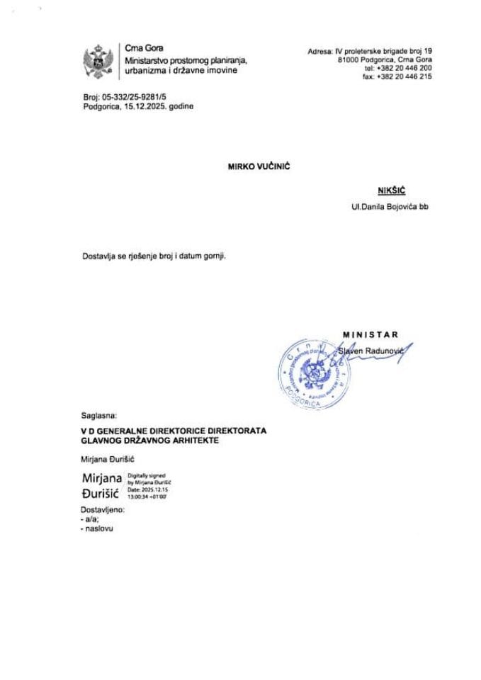 Rješenja glavnog državnog arhitekte - 15.12.2025 Rješenje -Mirko Vučinić -Opština Kotor