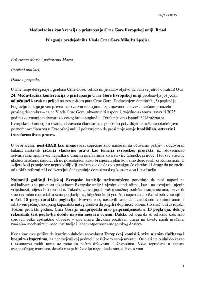 Izlaganje premijera Milojka Spajića na Međuvladinoj konferenciji o pristupanju Crne Gore Evropskoj uniji, Brisel