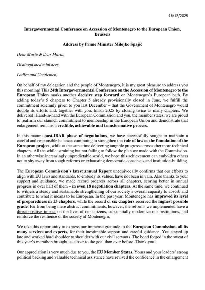 Address by Prime Minister Milojko Spajić at the Intergovernmental Conference on Accession of Montenegro to the European Union