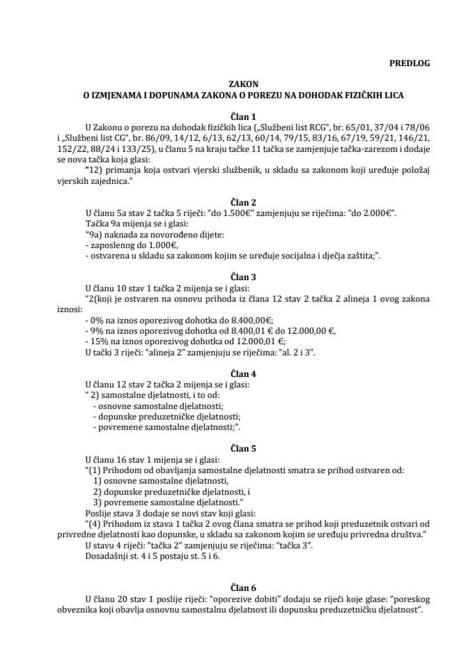 Predlog zakona o izmjenama i dopunama Zakona o porezu na dohodak fizičkih lica