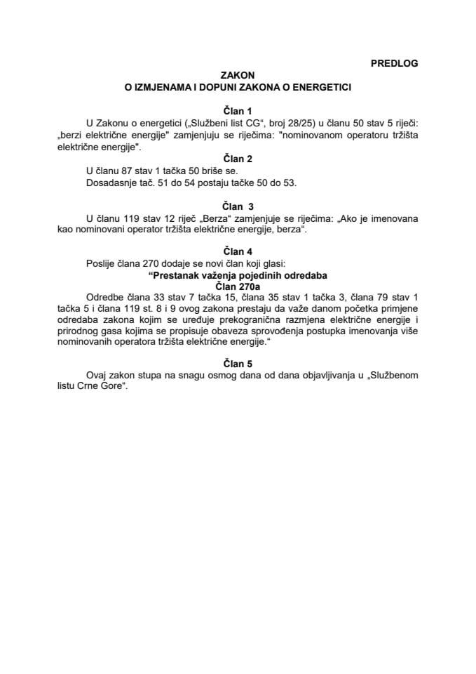 Predlog zakona o izmjenama i dopuni Zakona o energetici
