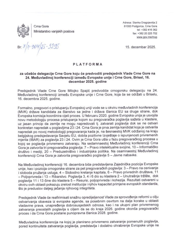 Predlog platforme za učešće delegacije Crne Gore koju će predvoditi predsjednik Vlade Crne Gore na 24. Međuvladinoj konferenciji između Evropske unije i Crne Gore, Brisel, 16. decembar 2025. godine