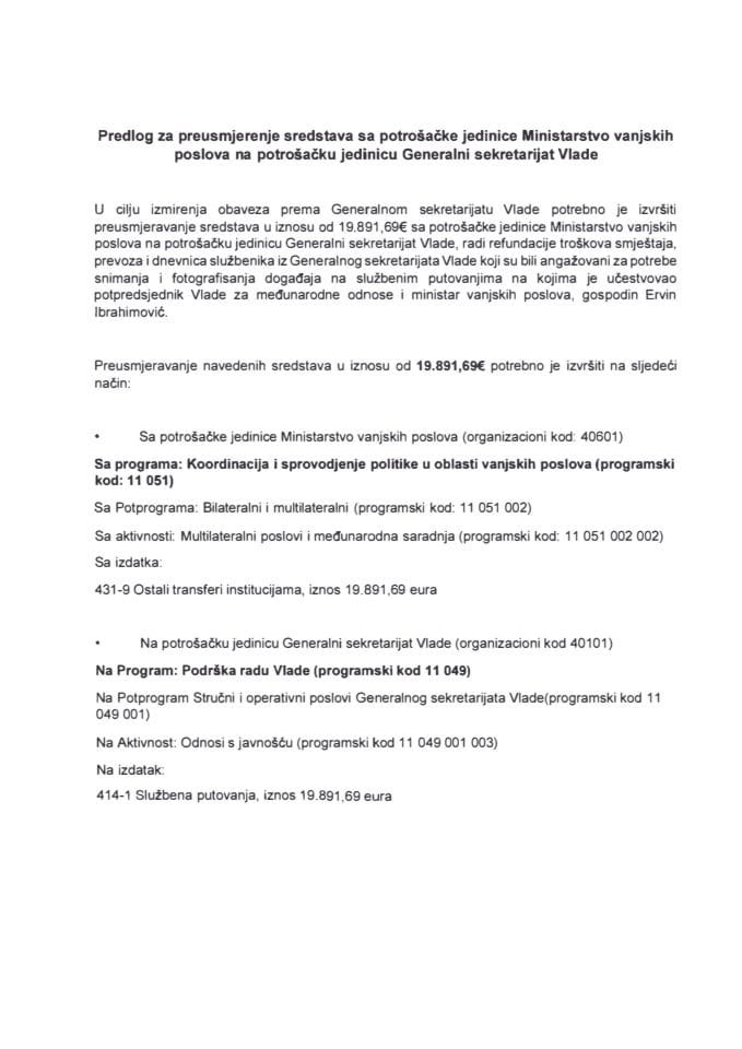 Predlog za preusmjerenje sredstava sa potrošačke jedinice Ministarstvo vanjskih poslova na potrošačku jedinicu Generalni sekretarijat Vlade