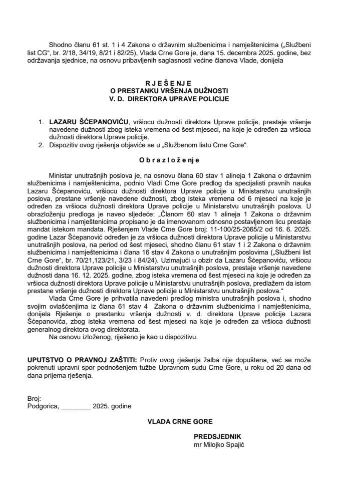 Predlog za prestanak vršenja dužnosti v.d. direktora Uprave policije