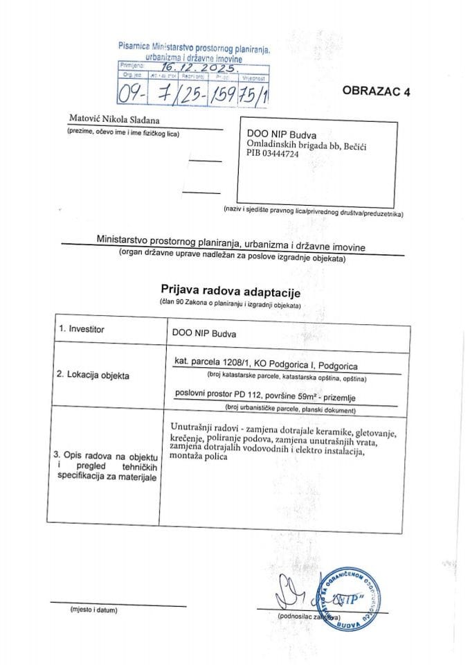 Prijava radova adaptacije - 09-7-25-15975-1 MATOVIĆ NIKOLA SLAĐANA