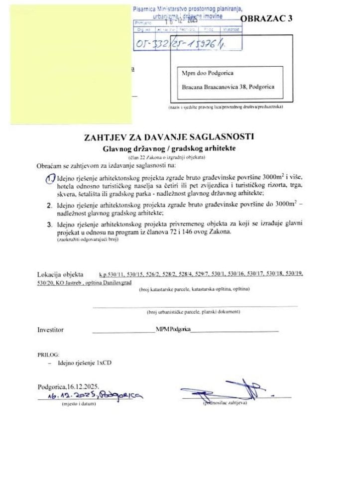 Zahtjevi investitora za davanje saglasnosti glavnog državnog arhitekte - 16.12.2025 Zahtjev -MPM DOO, Podgorica -Opština Danilovgrad
