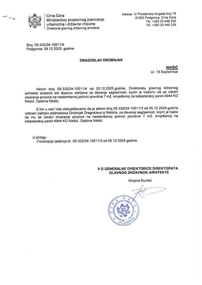 Обавјештења - Сагласности главног државног архитекте - 09.12.2025 Обавјештење -Драгослав Дробњак -Општина Никшић