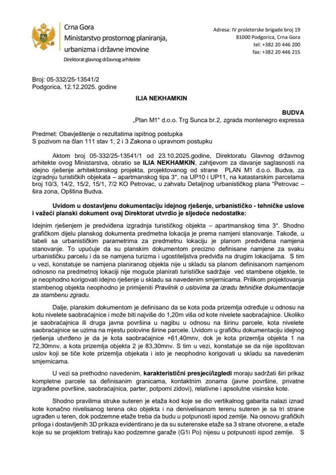 Обавјештења - Сагласности главног државног архитекте - 12.12.2025 Обавјештење  -Илиа Некхамкин  -Општина Будва