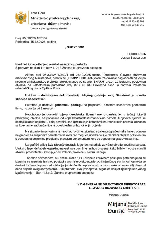 Обавјештења - Сагласности главног државног архитекте - 15.12.2025 Обавјештење -Оков ДОО, Подгорица -Општина Котор