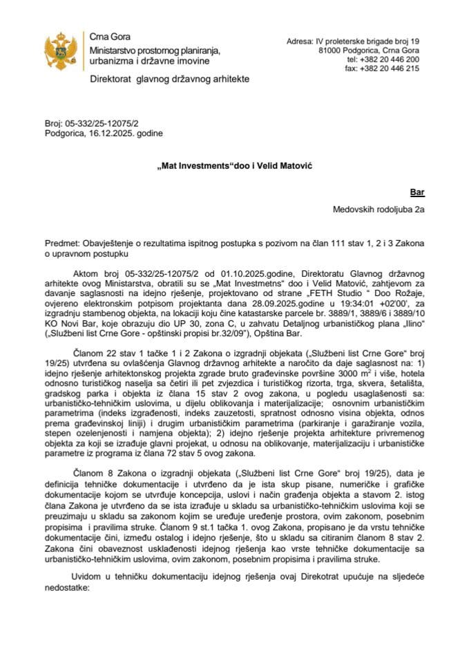 Обавјештења - Сагласности главног државног архитекте - 16.12.2025 Обавјештење -Велид Матовић -Општина Улцињ