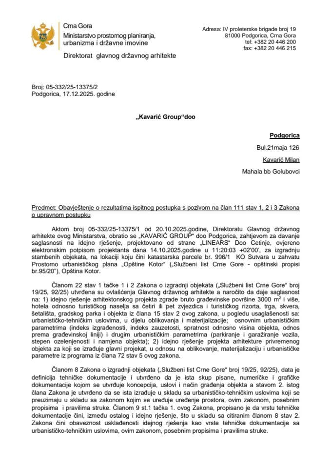 Обавјештења - Сагласности главног државног архитекте - 17.12.2025 Обавјештење-Каварић Гроуп ДОО, Подгорица -Општина Котор