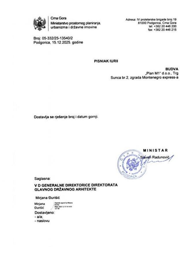 Рјешења главног државног архитекте - 15.12.2025 Рјешење -Писниак Yурии -Општина Будва