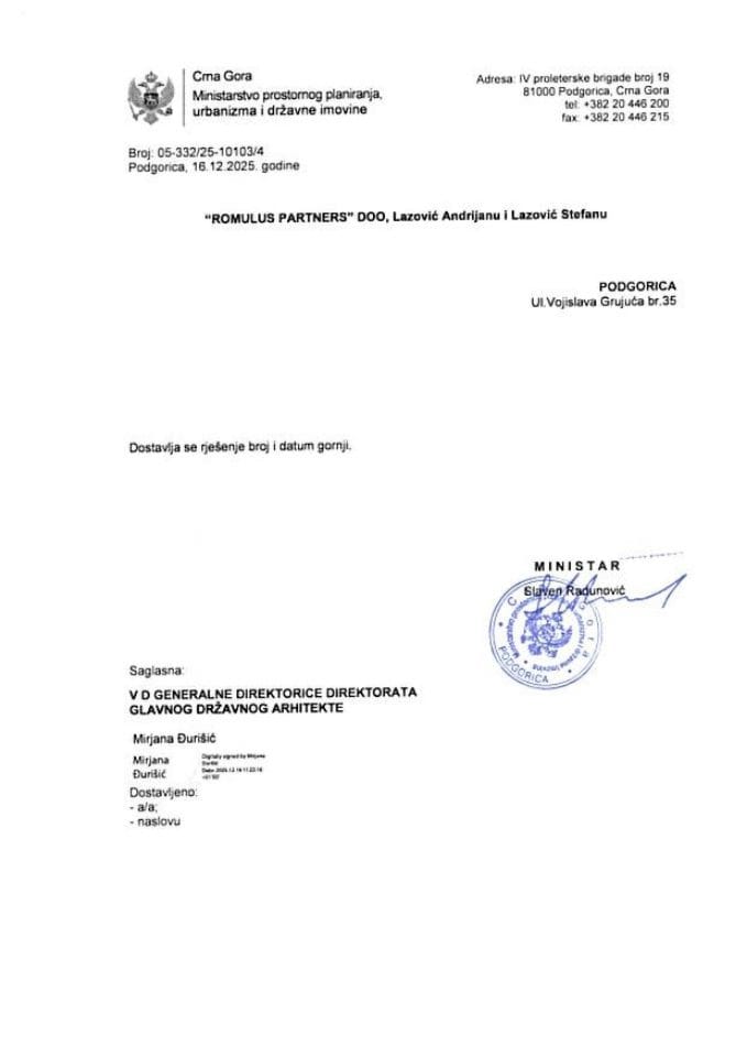 Рјешења главног државног архитекте - 16.12.2025 Рјешење -РОМУЛУС ПАРТНЕРС ДОО, Подгорица, Лазовић Адријан и Лазовић Стефан -Главни град Подгорица