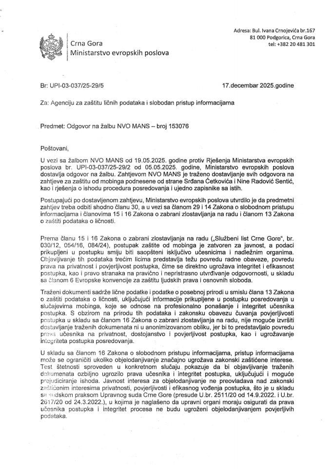 Odgovor na žalbu UPI 03-03725-29-5