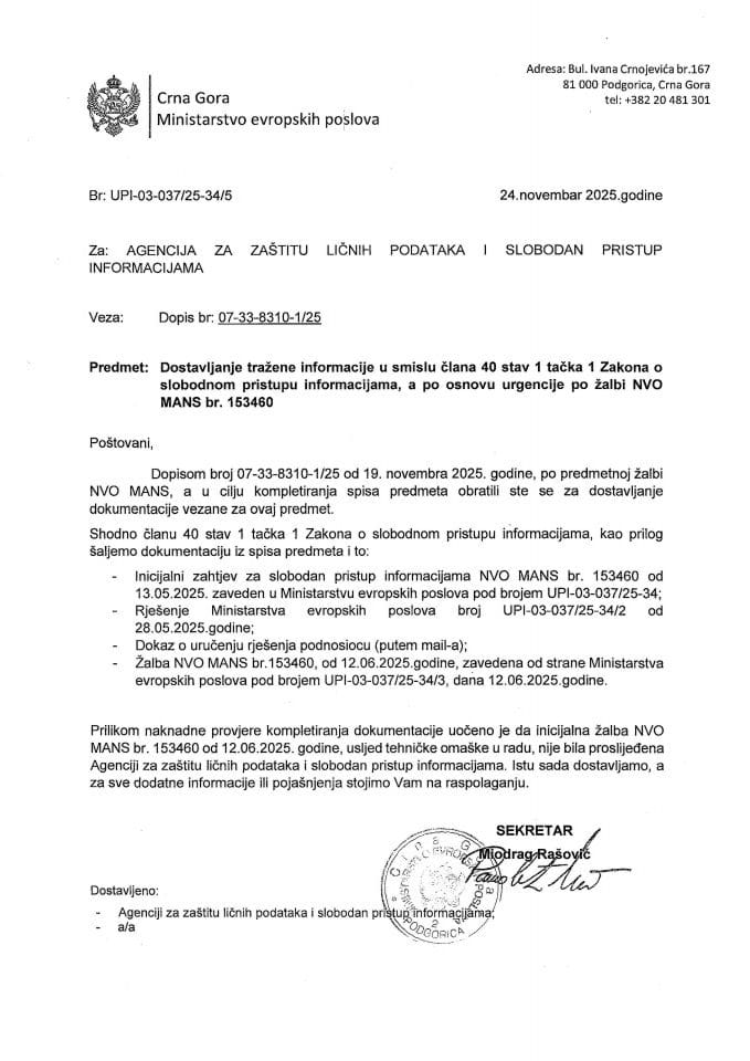 Odgovor na žalbu NVO MANS UPI 03-03725-34-5
