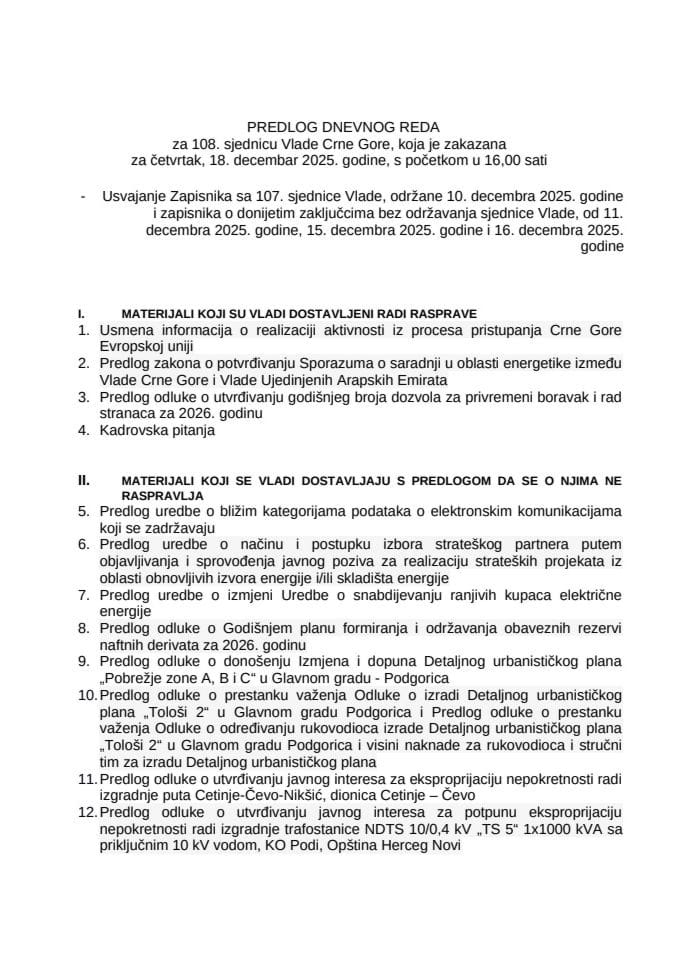 Predlog dnevnog reda za 108. sjednicu Vlade Crne Gore