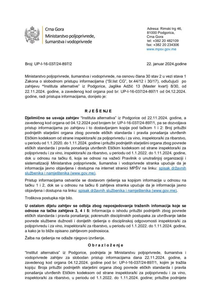 Rješenje djelimično usvojeno Institut alternativa UP-I-16-037-24-897-2