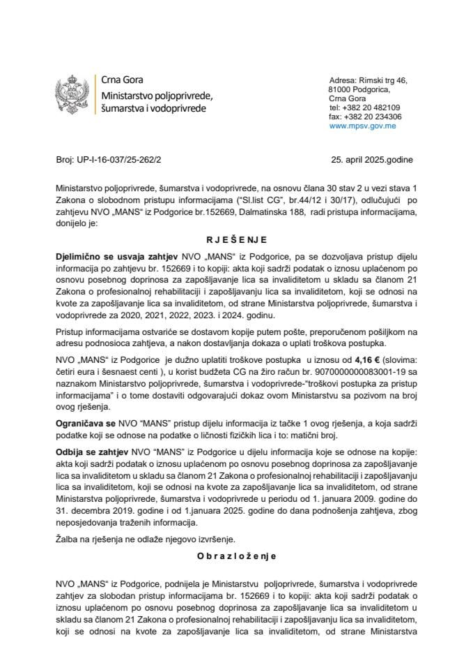 Rješenje MANS djelimično usvojen 152668