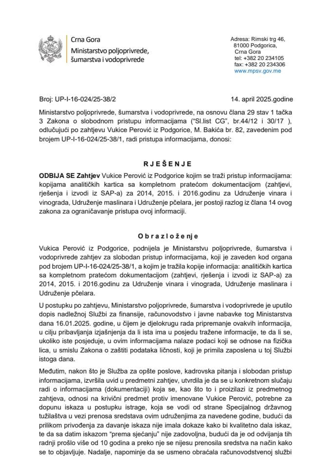 Rješenje odbijen zahtjev Vukica Perovic