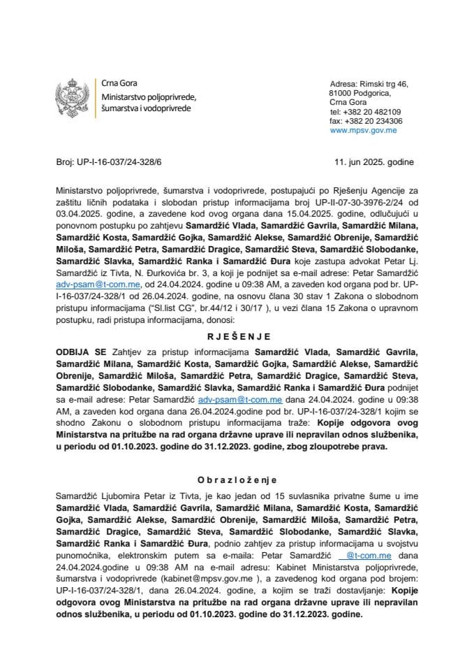 Rjesenje odbijeno Petar Samardzic zlouotreba prava 328-6 ponovni postupak