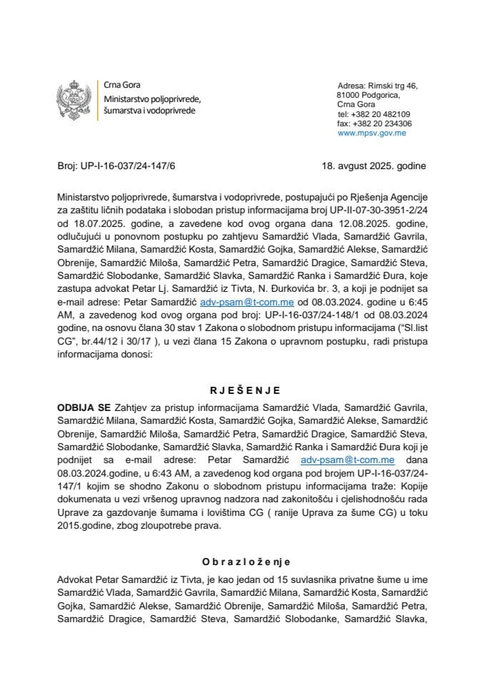 Rjesenje odbijeno Petar Samardzic zloupotreba prava UP I-16-037-24-147-6 ponovni post