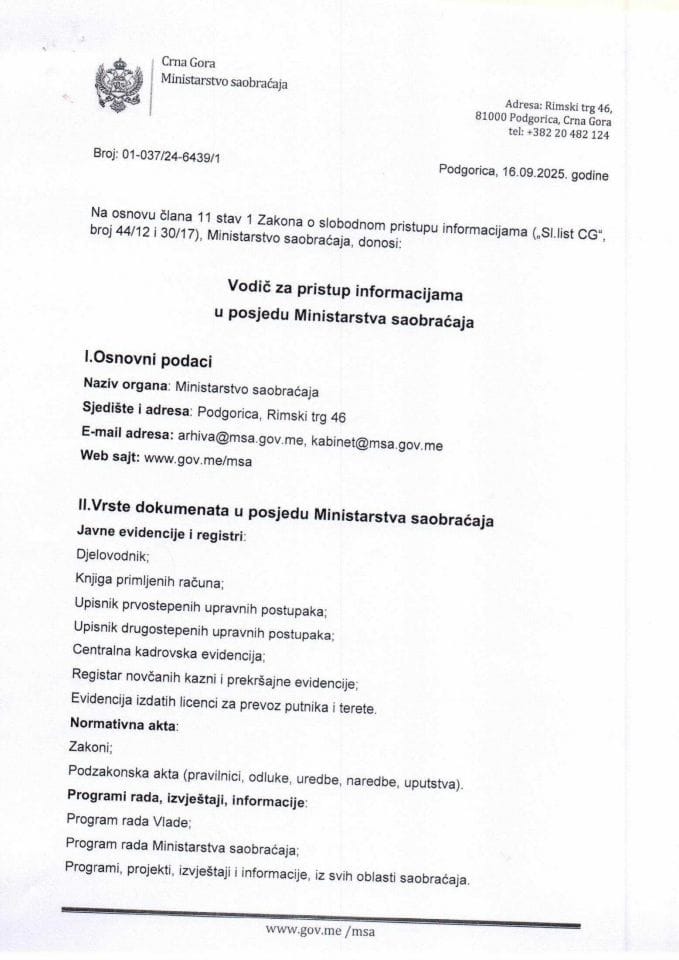 Vodič za slobodan pristup informacijama  u posjedu Ministarstva saobraćaja