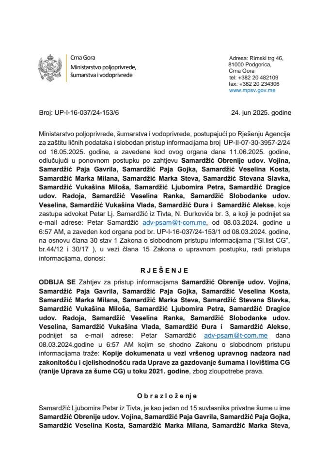 Rjesenje odbijeno Petar Samardzic zloupotreba prava UP I-16-037-24-153-6 ponovni post_