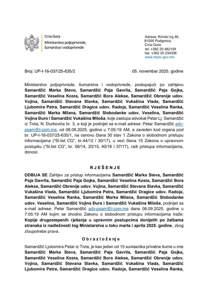 Rjesenje odbijeno Petar Samardzic zloupotreba prava UP I-16-037-25-635-1