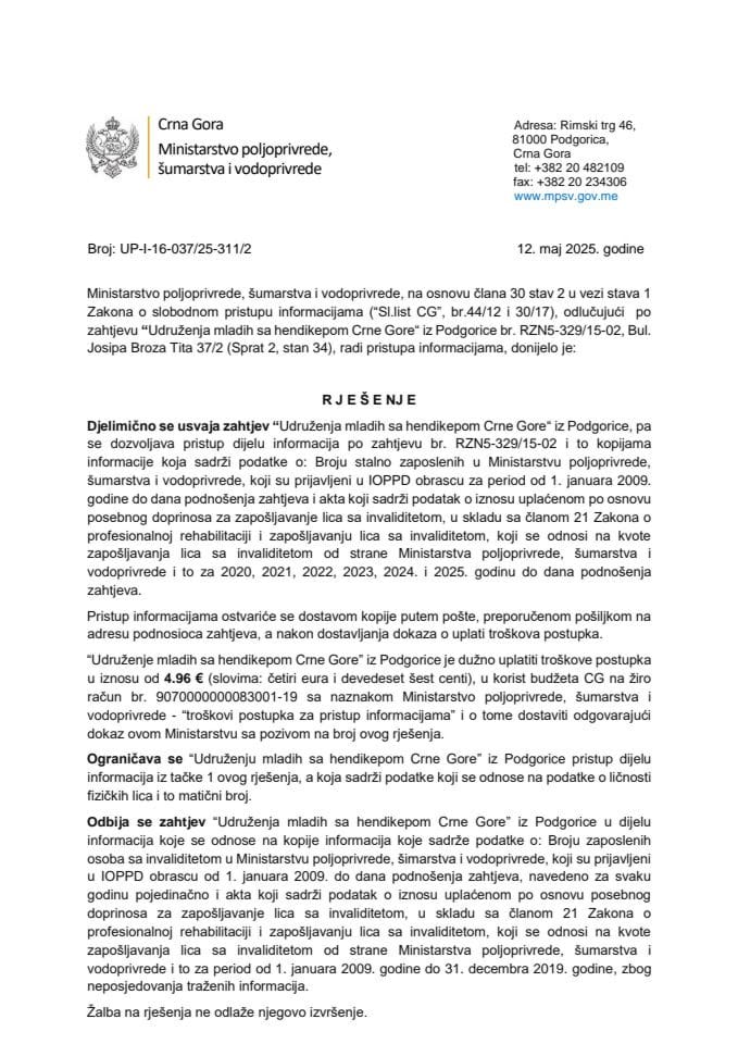 Rješenje UMHCG djelimično usvojen  UP-I-16-037-25-311-2