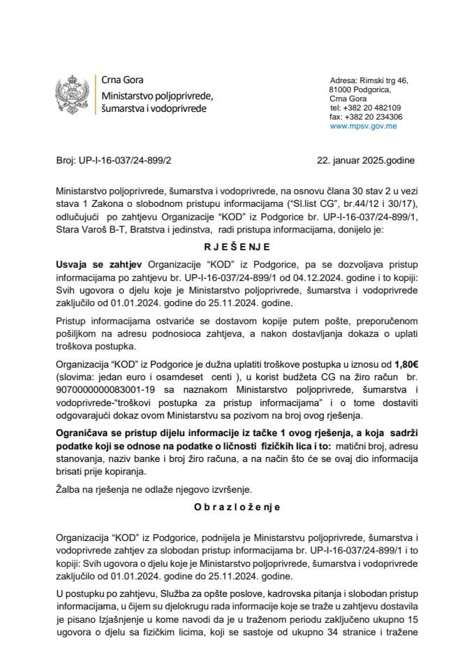 Rješenje usvojeno Organizacija KOD UP-I-16-037-24-899-2