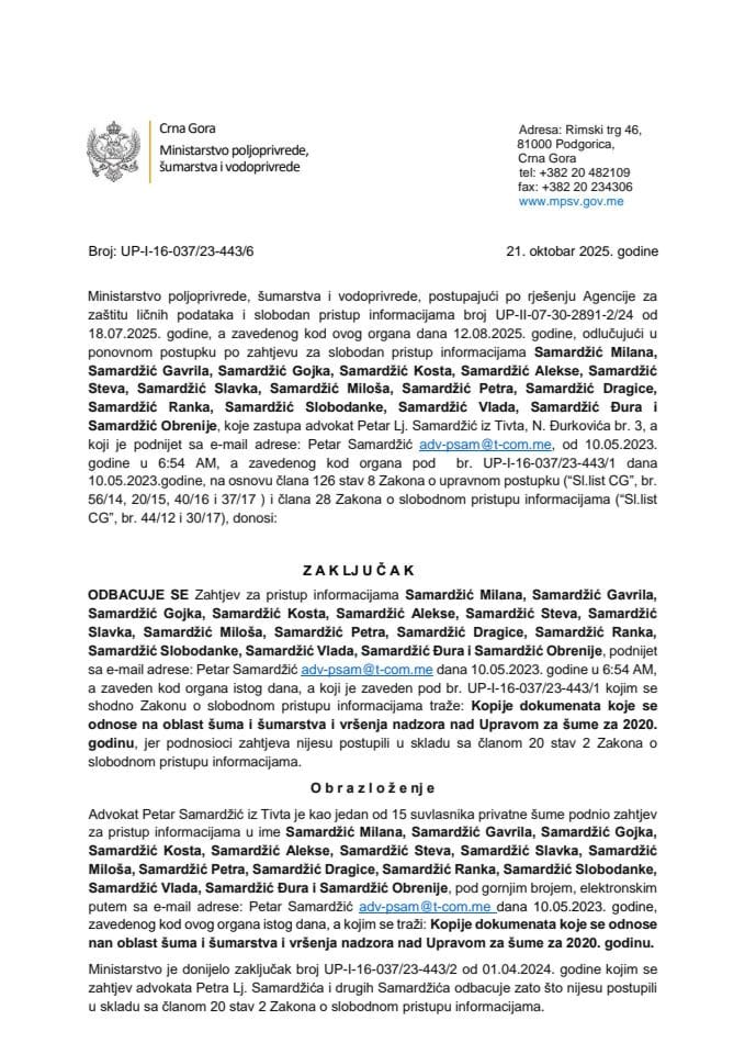 Zaključak zahtjev odbačen Petar Samardzic 443-6 ponovni postupak