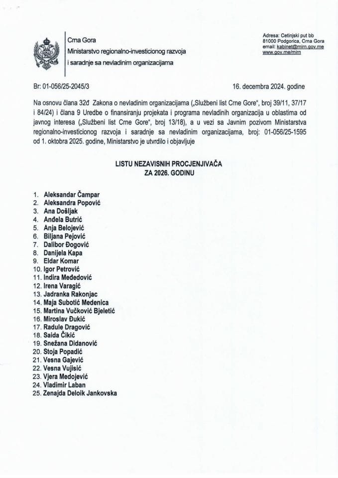 Lista nezavisnih procjenjivača za 2026.