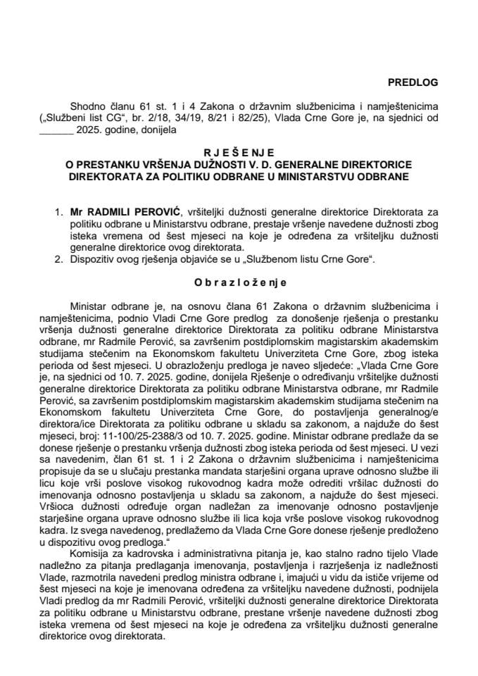 Предлог за престанак вршења дужности в. д. генералне директорице Директората за политику одбране у Министарству одбране