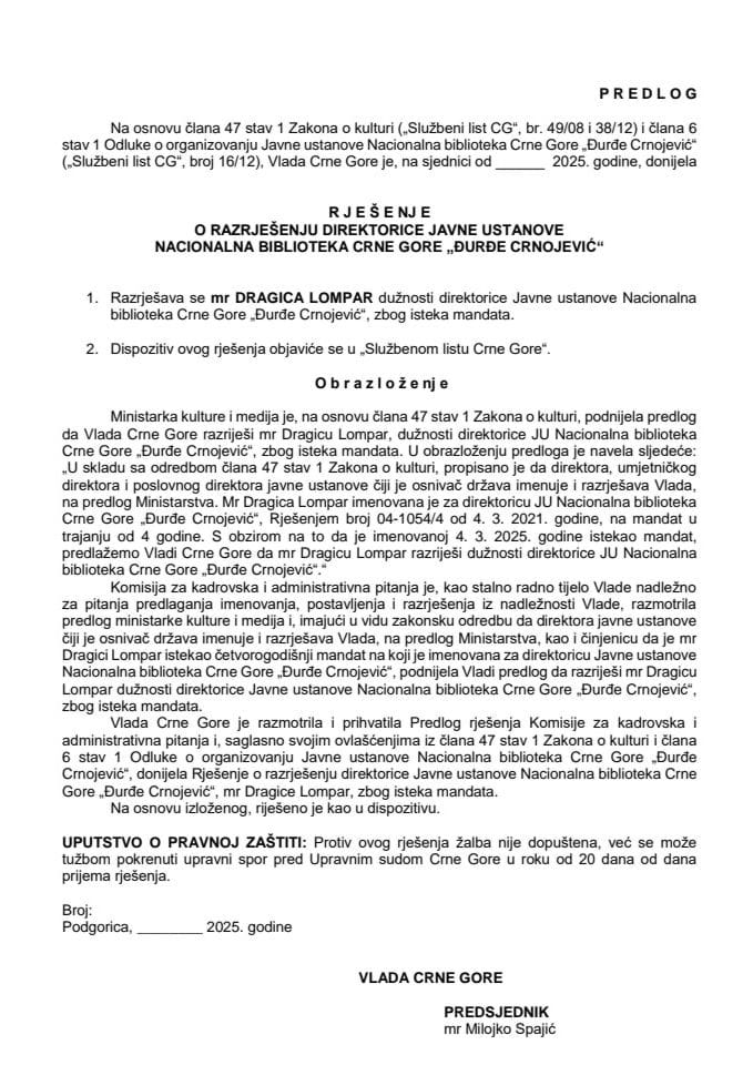 Предлог за разрјешење директорице Јавне установе Национална библиотека Црне Горе „Ђурђе Црнојевић“