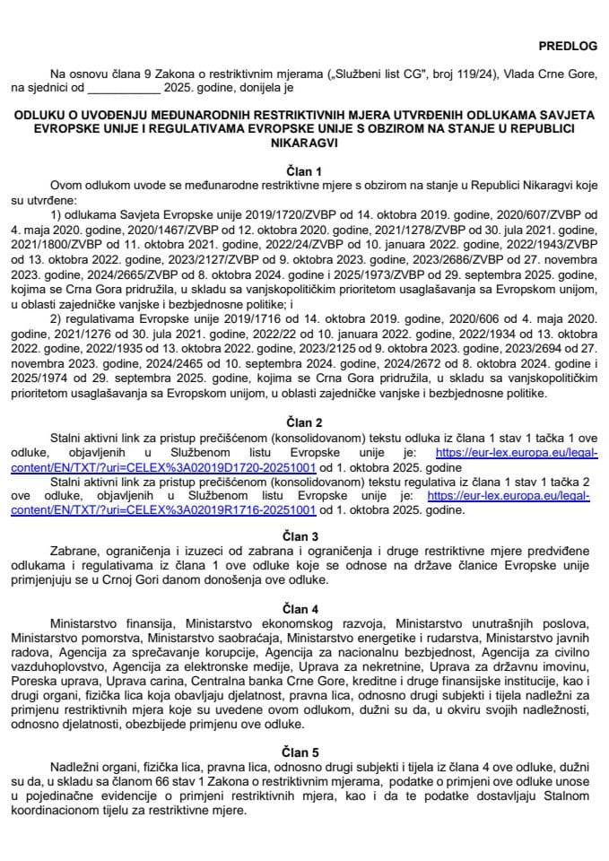 Предлог одлуке о увођењу међународних рестриктивних мјера утврђених одлукама Савјета Европске уније и регулативама Европске уније с обзиром на стање у Републици Никарагви