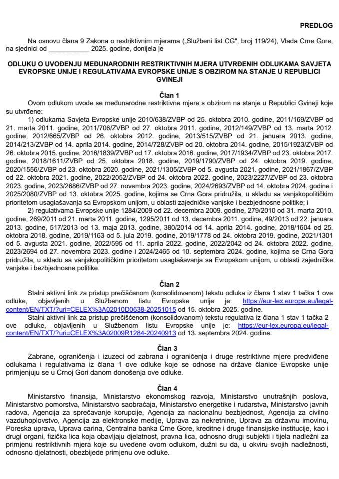Predlog odluke o uvođenju međunarodnih restriktivnih mjera utvrđenih odlukama Savjeta Evropske unije i regulativama Evropske unije s obzirom na stanje u Republici Gvineji