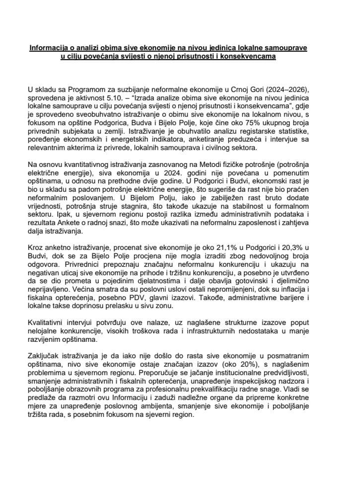 Информација о анализи обима сиве економије на нивоу јединица локалне самоуправе у циљу повећања свијести о њеној присутности и консеквенцама